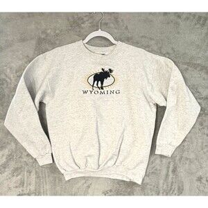 Vintage Hanes Wyoming Moose Sweatshirt Gray Graphic Crewneck Adult Small USA